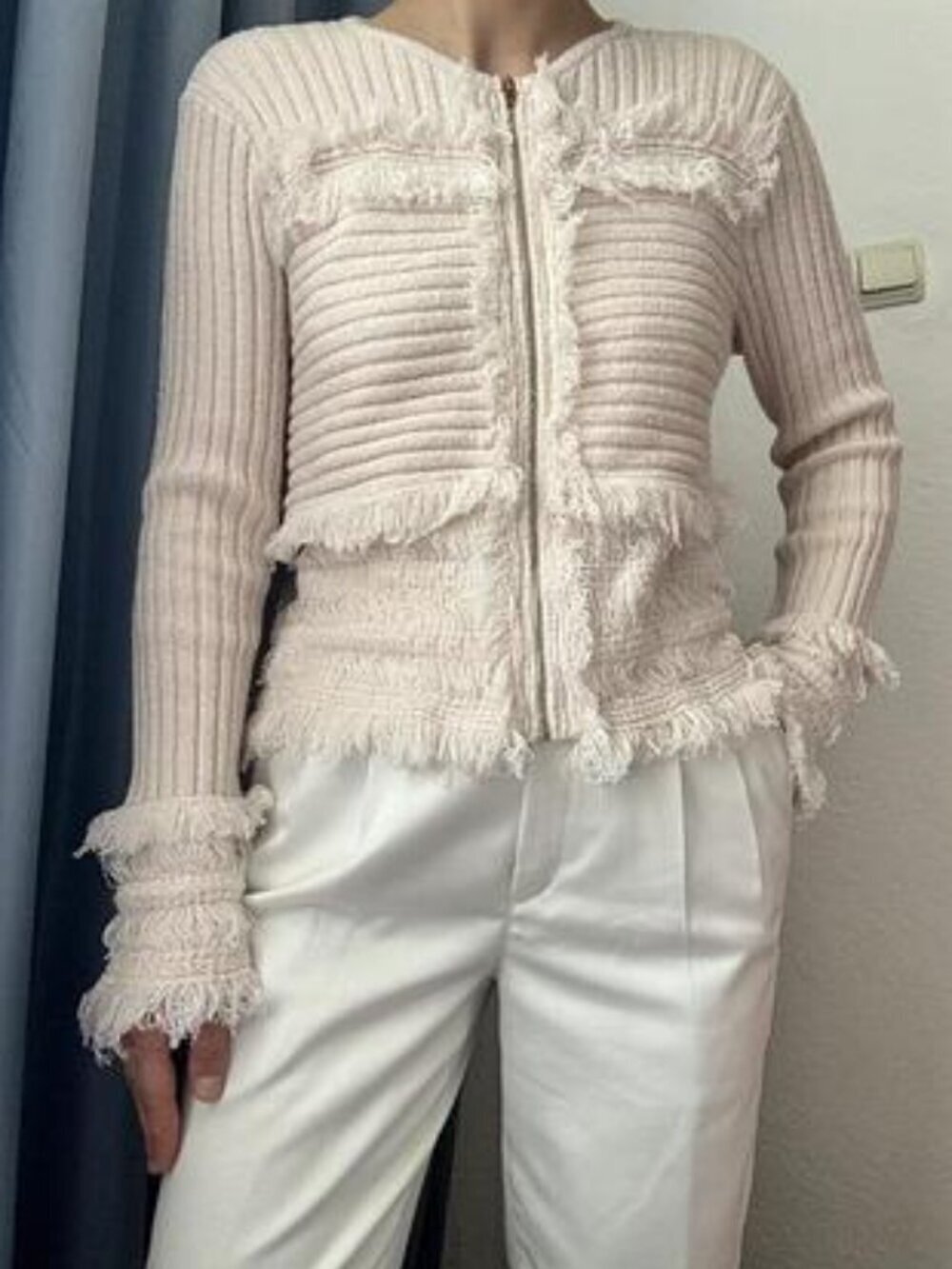 Club Monaco Beige Cotton Blazer Fridge Sweater Cardigan Full Zip sz XS